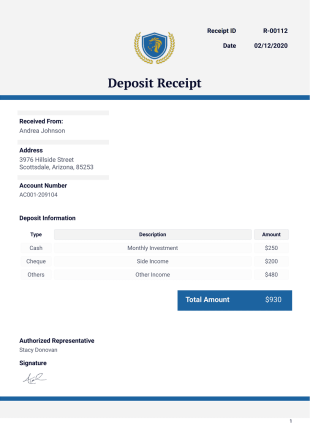 Deposit Receipt - PDF Templates