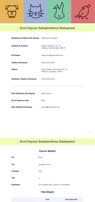 Evcil Hayvan Sahiplendirme Sözleşmesi Şablonu - PDF Templates