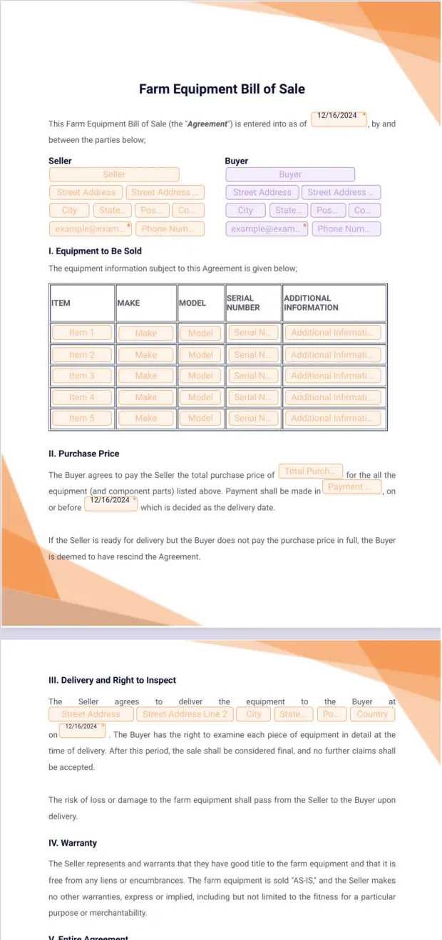 Farm Equipment Bill of Sale