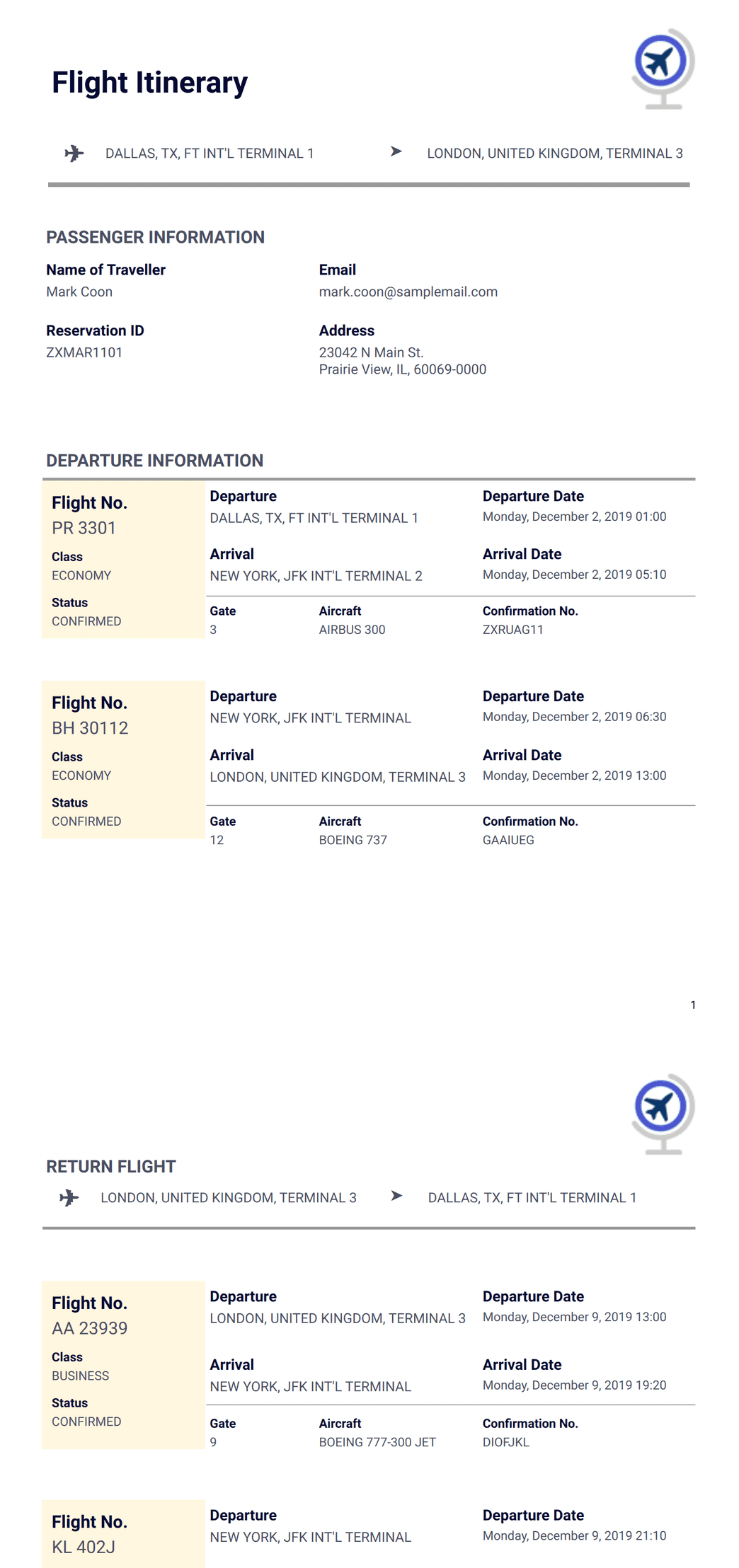 Flight Itinerary Template - PDF Templates | Jotform