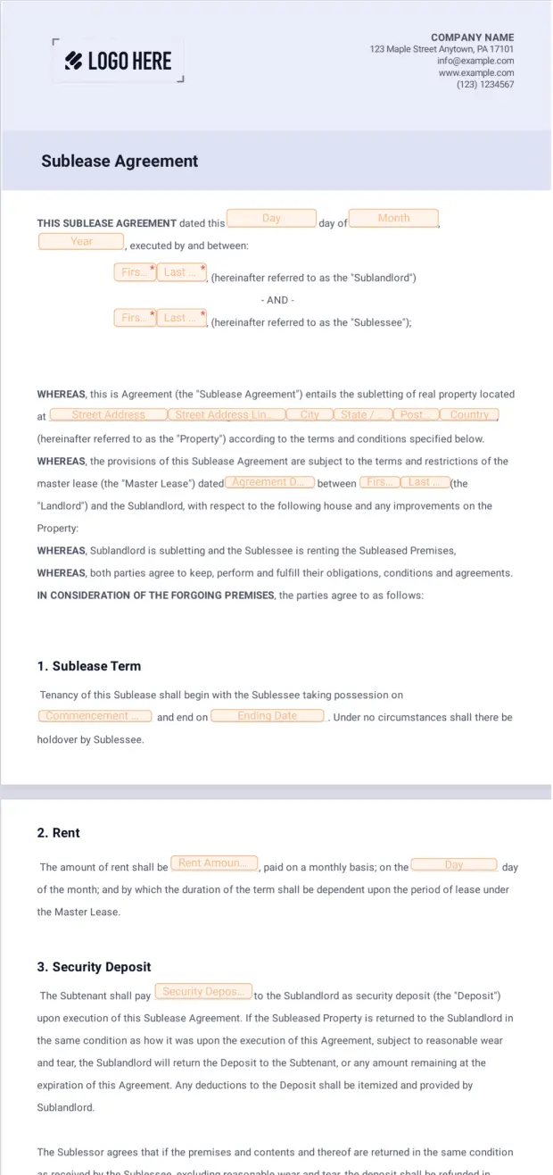 Free Sublease Agreement Template