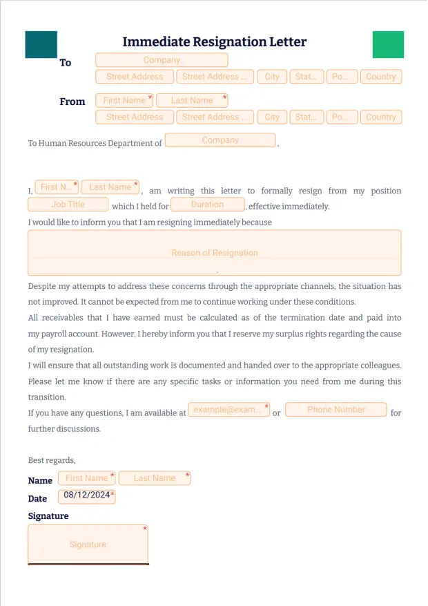 Immediate Resignation Letter