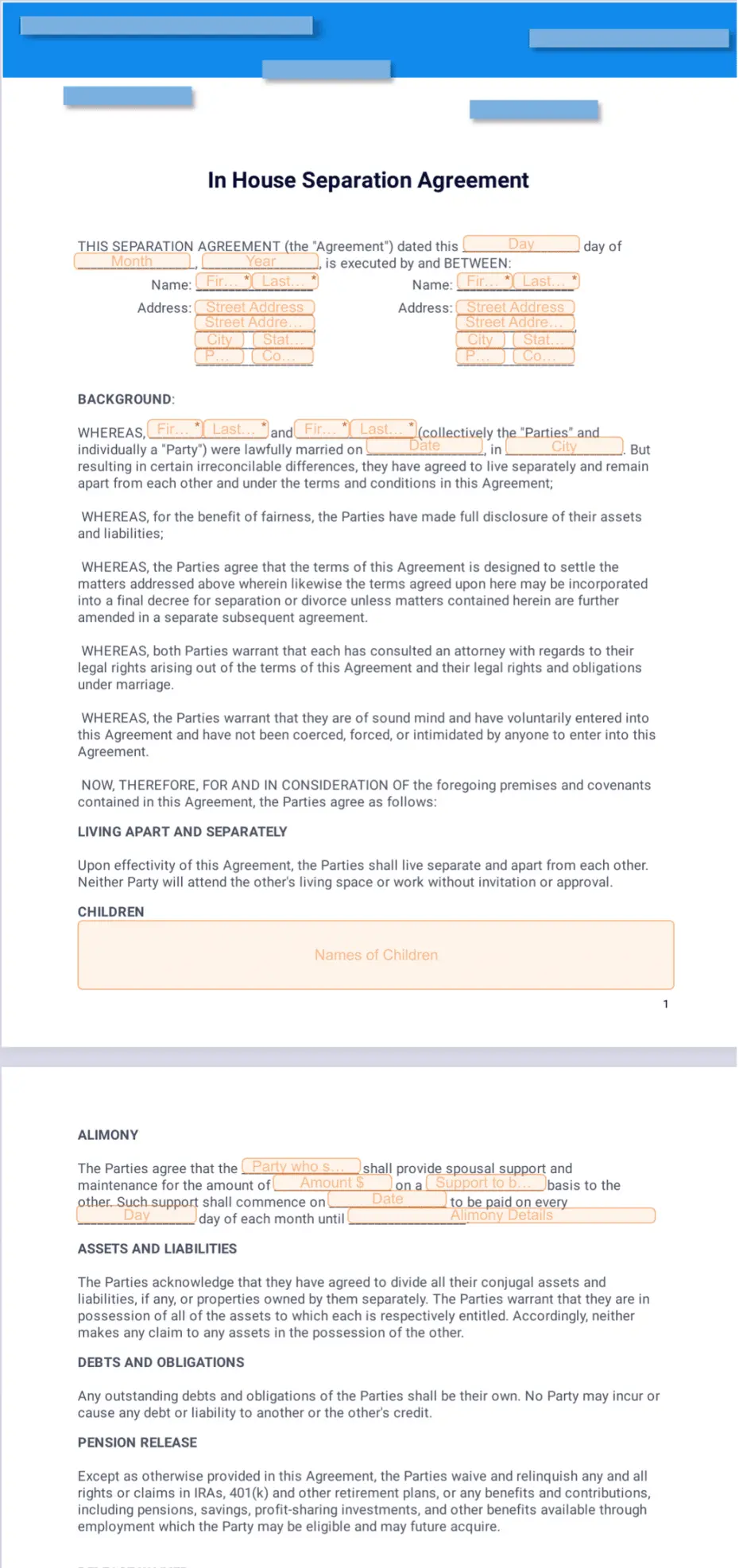 In House Separation Agreement Template