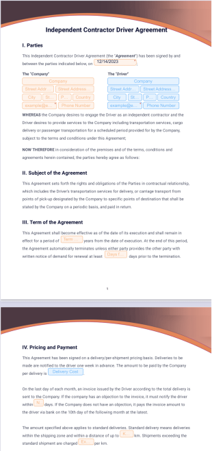 Independent Contractor Driver Agreement - Sign Templates