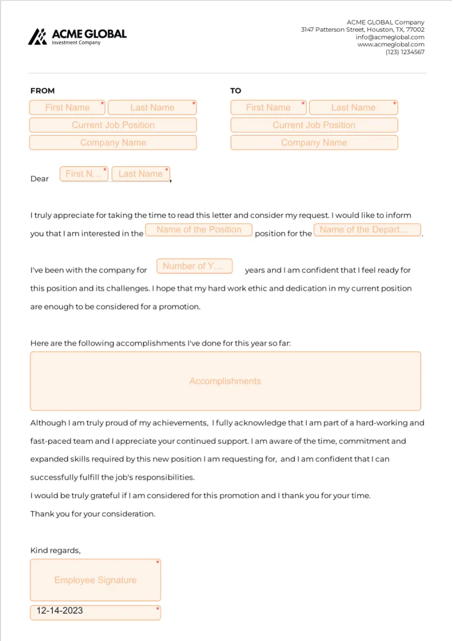 Letter to Manager for Promotion - Sign Templates | Jotform