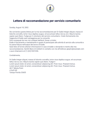 Lettera di raccomandazione per servizio comunitario - PDF Templates
