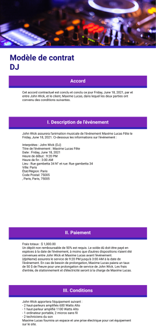 Modèle de contrat DJ - PDF Templates