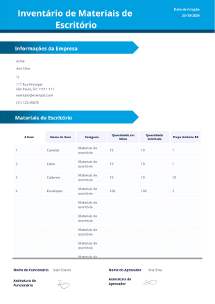 Modelo para Inventário de Materiais de Escritório - PDF Templates