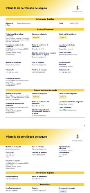 Plantilla de certificado de seguro - PDF Templates