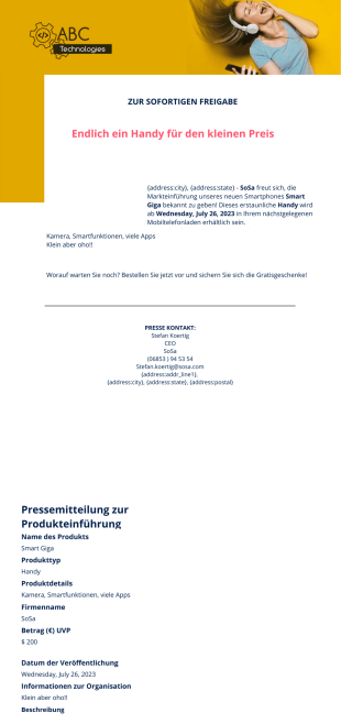 Pressemitteilung zur Produkteinführung - PDF Templates