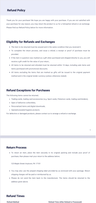 Refund Policy Template - PDF Templates