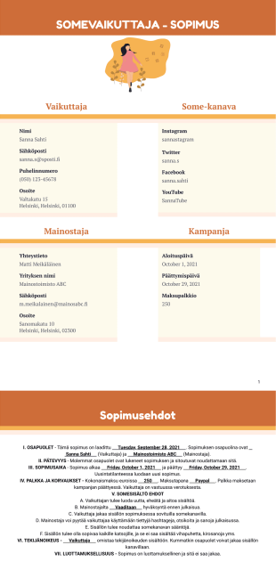 Somevaikuttaja sopimuslomakepohja - PDF Templates