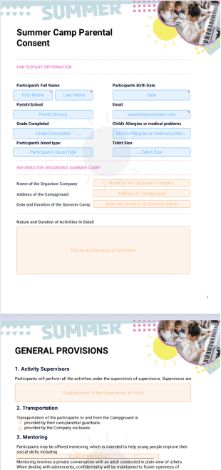 Summer Camp Parental Consent - PDF Templates