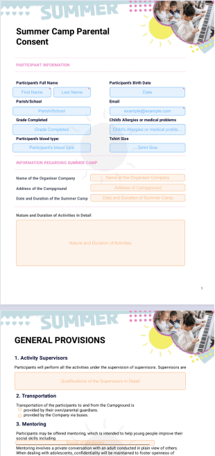 Summer Camp Parental Consent - PDF Templates