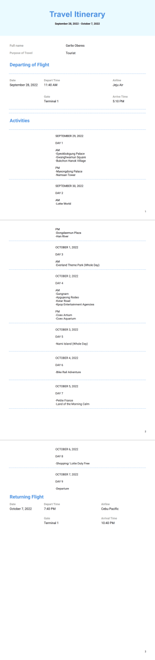 Travel Itirenary - PDF Templates