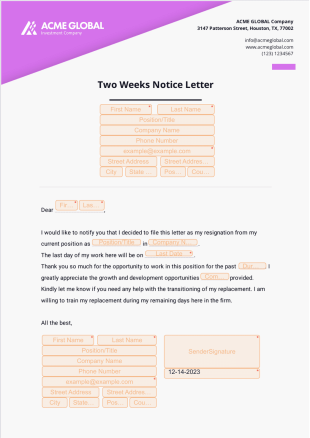 Two Weeks Notice Letter - Sign Templates