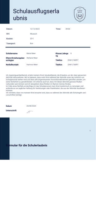 Vorlage für Schulausflugserlaubnis - PDF Templates