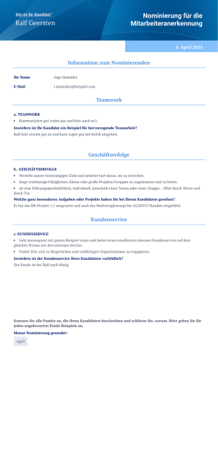 Vorlage zur Nominierung für Mitarbeiteranerkennung - PDF Templates